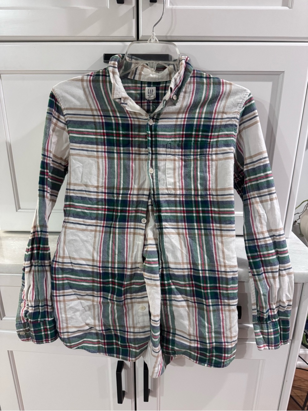 GAP Plaid Button-Down Shirt in White, Green & Navy